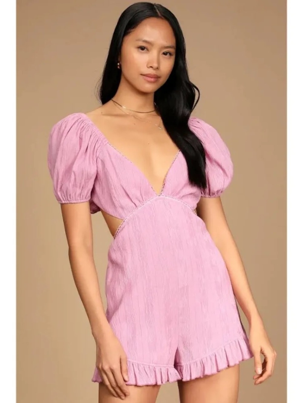 Lulu’s Light Pink Got You Sprung V-Neck Tie Back Puff Short Sleeve Romper